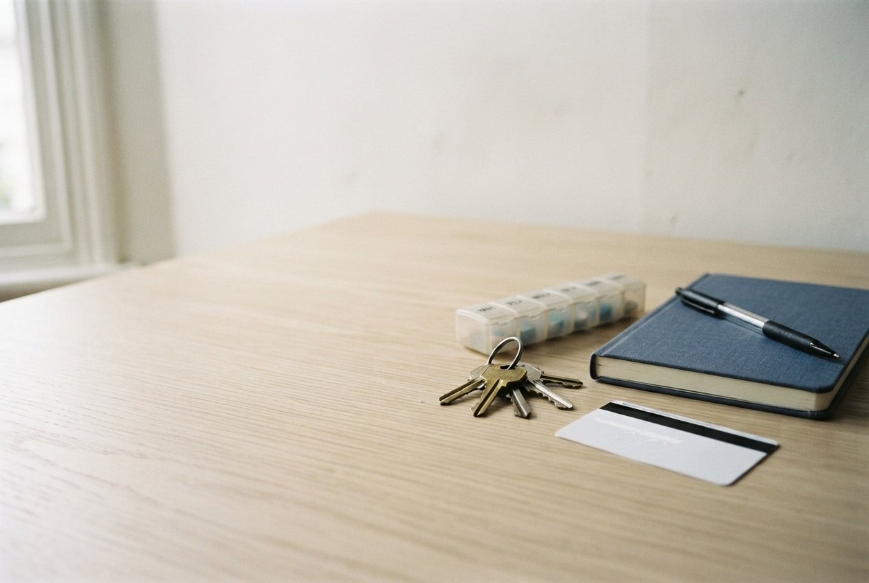 A house key ring, a weekly pill organizer, a notebook and a card on a table by the window