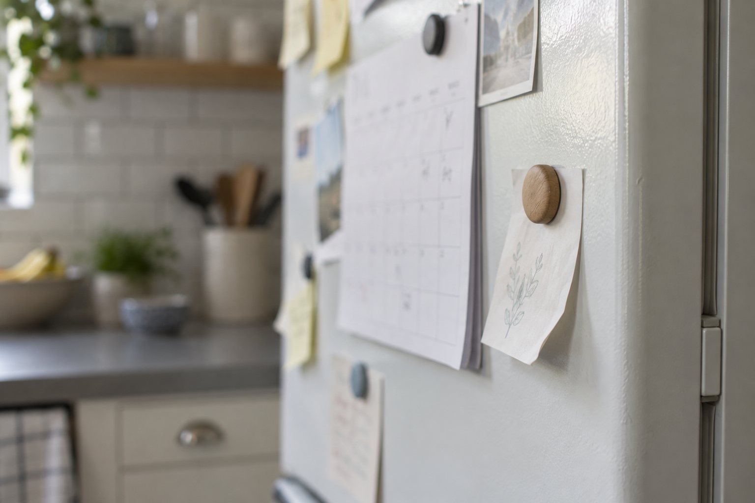 Notes and a monthly calendar held by magnets on a refrigerator door