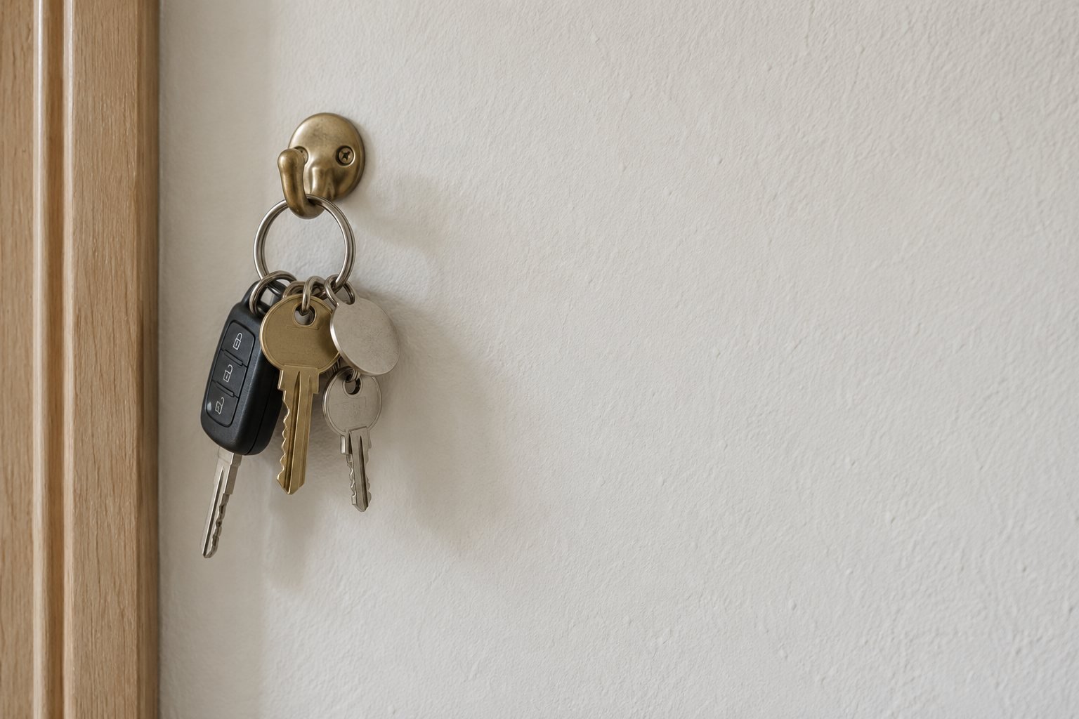 A ring of house and car keys hanging from a brass hook by a door