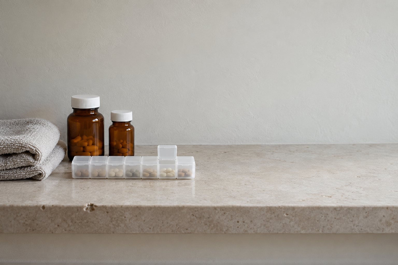 Two amber pill bottles and a weekly pill organizer with one lid open on a stone shelf