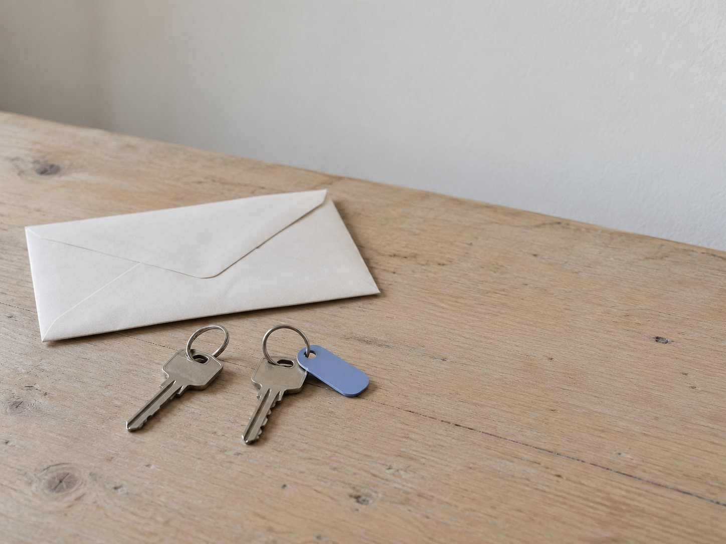 Two identical house keys, one with a blue tag, next to a sealed envelope