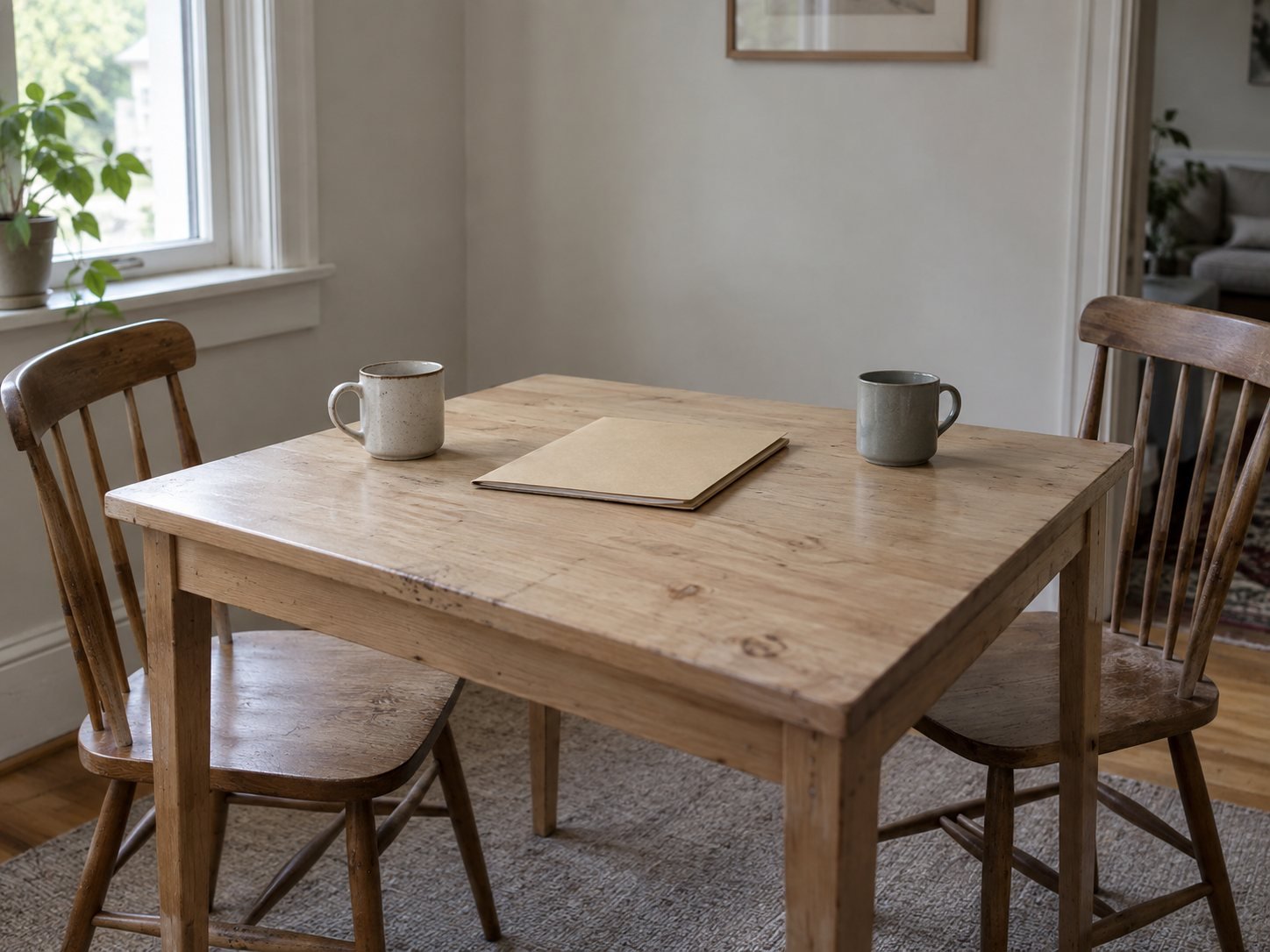 Two empty chairs at a small wooden table with two mugs and a closed folder